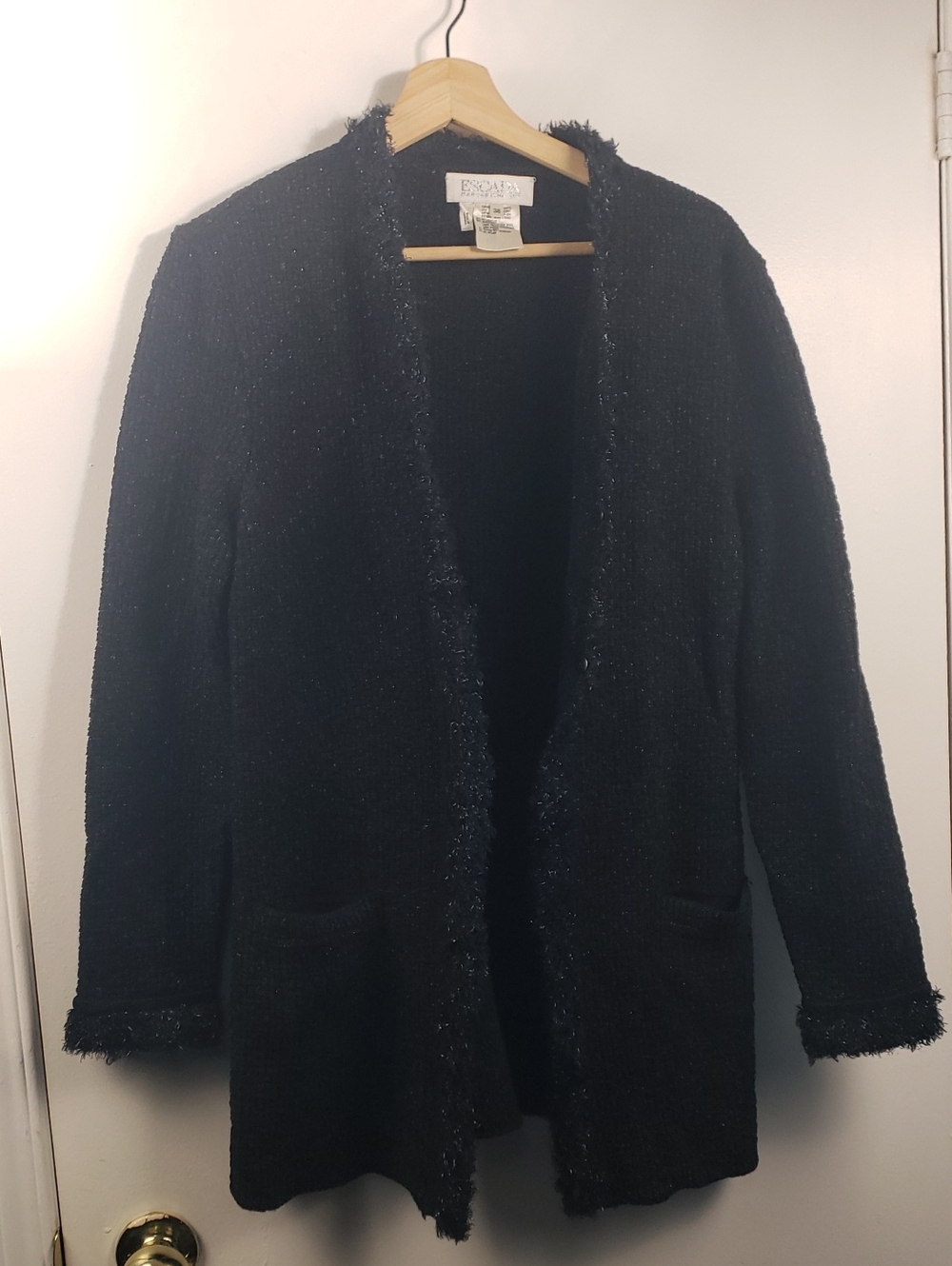 Escada Tweed Black Frayed-Trim Open Front Jacket Wool Blend Size 38 Cardigan